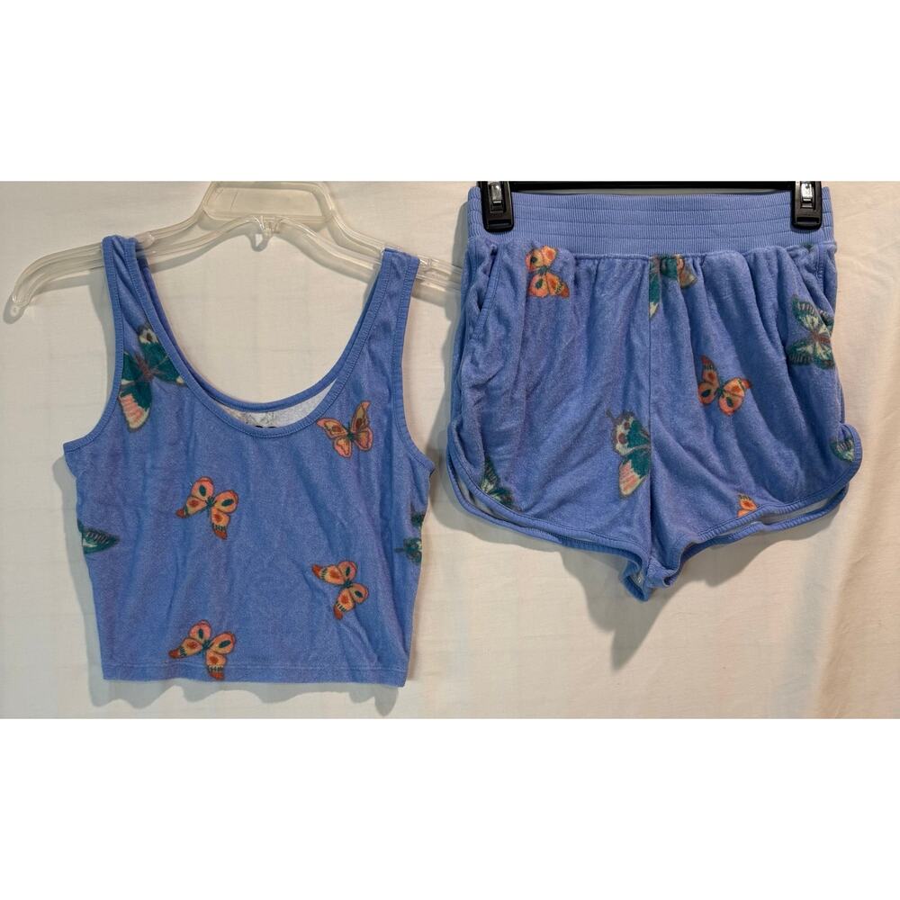 SO Blue butterfly print boyfriend short crop tank terry cloth loungewear XS/S